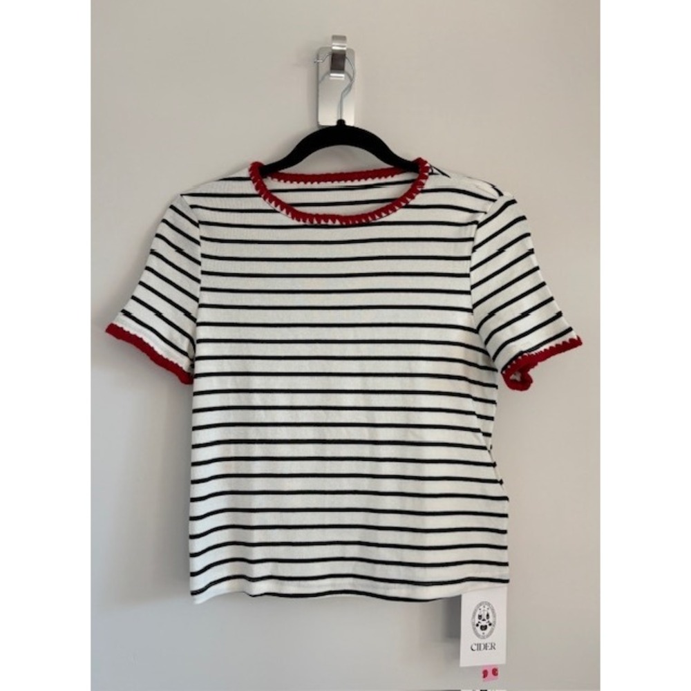 Cider‎ Womens Striped Ribbed T-Shirt Red Crochet Trim Black White Small